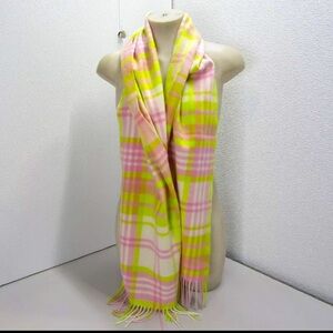 Maeve Pastel Pink and Neon Yellow Plaid Fringe Scarf